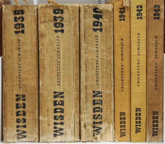Wisden Cricketers Almanacks: 1938-1943, original soft covers, two with bookmark (6)